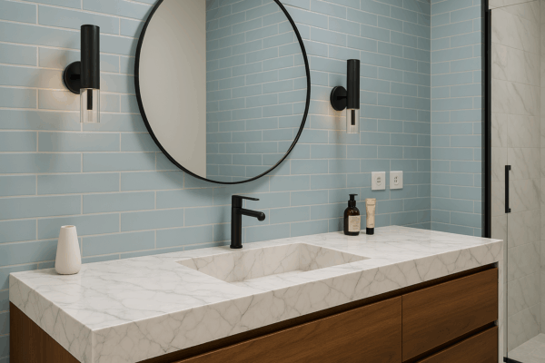 Waschtisch nach Maß mit integriertem Waschbecken aus Keramik, Feinsteinzeug, Naturstein - Franko Waterstone Silvanis