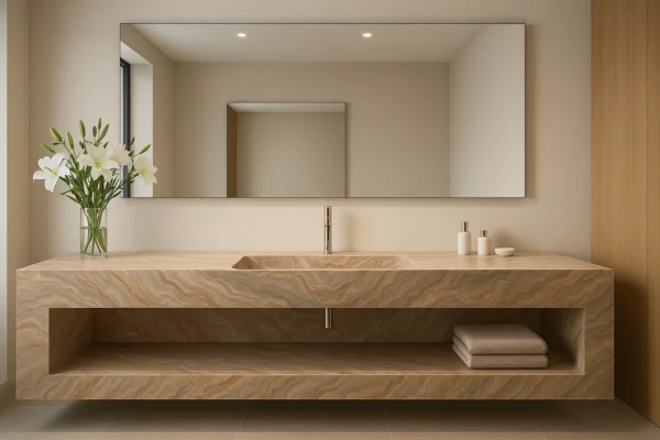 Waschtisch nach Maß mit integriertem Waschbecken mit Ablage aus Keramik Naturstein Feinsteinzeug Franko Waterstone Tenebra