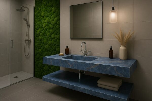 Waschtisch nach Maß mit integriertem Waschbecken mit Ablage aus Keramik Naturstein Feinsteinzeug Franko Waterstone Aqualis