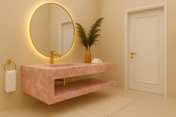 Waschtisch nach Maß mit integriertem Waschbecken mit Ablage aus Keramik Naturstein Feinsteinzeug Franko Waterstone Rosalya