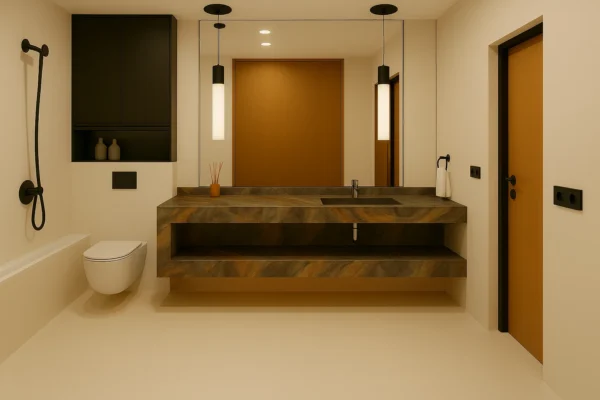 Waschtisch nach Maß mit integriertem Waschbecken mit Ablage aus Keramik Naturstein Feinsteinzeug Franko Waterstone Virelia