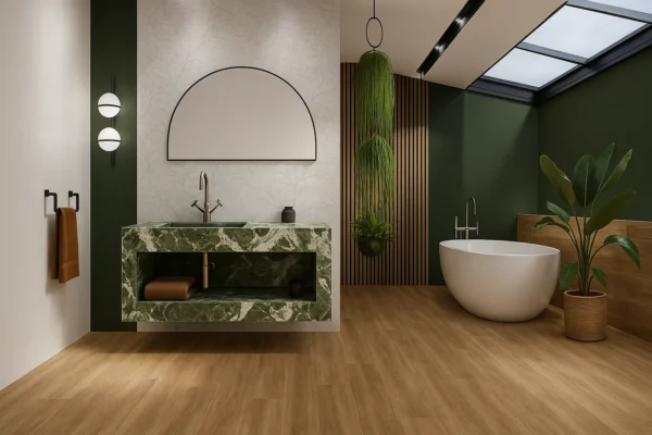 Waschtisch nach Maß mit integriertem Waschbecken mit Ablage aus Keramik Naturstein Feinsteinzeug Franko Waterstone Marvante