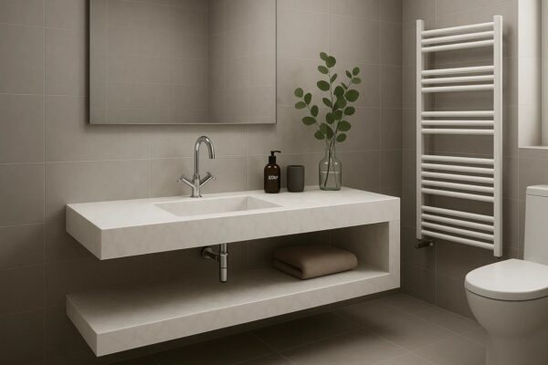 Waschtisch nach Maß mit integriertem Waschbecken mit Ablage aus Keramik Naturstein Feinsteinzeug Franko Waterstone Vantiago