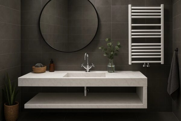 Waschtisch nach Maß mit integriertem Waschbecken mit Ablage aus Keramik Naturstein Feinsteinzeug Franko Waterstone Mysteria