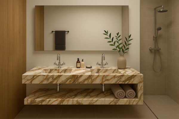 Doppel-Waschtisch nach Maß mit integriertem Waschbecken mit Ablage aus Keramik Naturstein Feinsteinzeug Franko Waterstone Orlisse