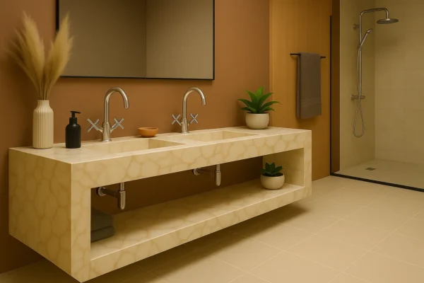 Doppel-Waschtisch nach Maß mit integriertem Waschbecken mit Ablage aus Keramik Naturstein Feinsteinzeug Franko Waterstone Calanthe