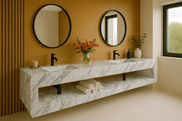 Doppel-Waschtisch nach Maß mit integriertem Waschbecken mit Ablage aus Keramik Naturstein Feinsteinzeug Franko Waterstone Elvoria