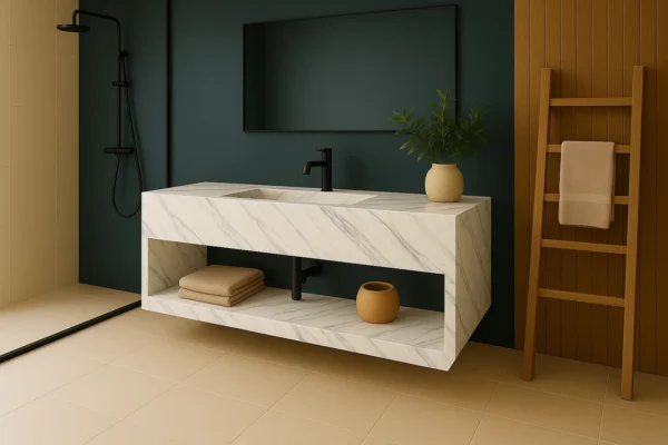 Waschtisch nach Maß mit integriertem Waschbecken mit Ablage aus Keramik Naturstein Feinsteinzeug Franko Waterstone Castorio