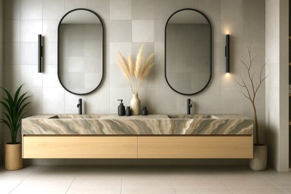 Doppel-Waschtisch nach Maß mit integriertem Waschbecken aus Keramik, Feinsteinzeug, Naturstein – Franko Waterstone Armonia Maxi