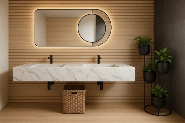 Doppel-Waschtisch nach Maß mit integriertem Waschbecken mit Ablage aus Keramik Naturstein Feinsteinzeug Franko Waterstone Alboria