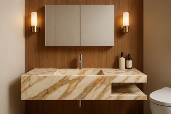 Waschtisch nach Maß mit integriertem Waschbecken mit Ablage aus Keramik Naturstein Feinsteinzeug Franko Waterstone Auralon mit Nische