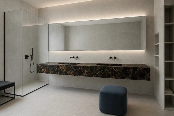 Doppel-Waschtisch nach Maß mit integriertem Waschbecken mit Ablage aus Keramik Naturstein Feinsteinzeug Franko Waterstone Aureline