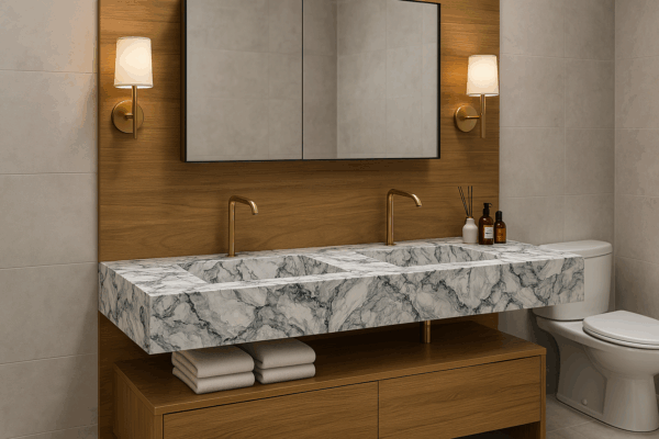 Waschtisch nach Maß mit integriertem Waschbecken aus Keramik, Feinsteinzeug, Naturstein - Franko Waterstone Glory