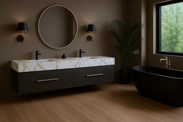 Doppel-Waschtisch nach Maß mit integriertem Waschbecken aus Keramik, Feinsteinzeug, Naturstein – Franko Waterstone Marivo Mini