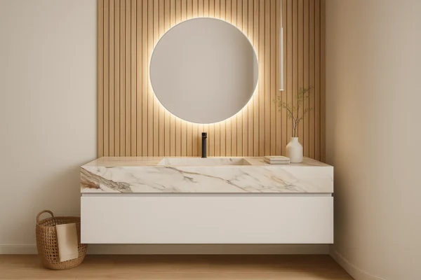 Waschtisch nach Maß mit integriertem Waschbecken aus Keramik, Feinsteinzeug, Naturstein - Franko Waterstone Milinoli