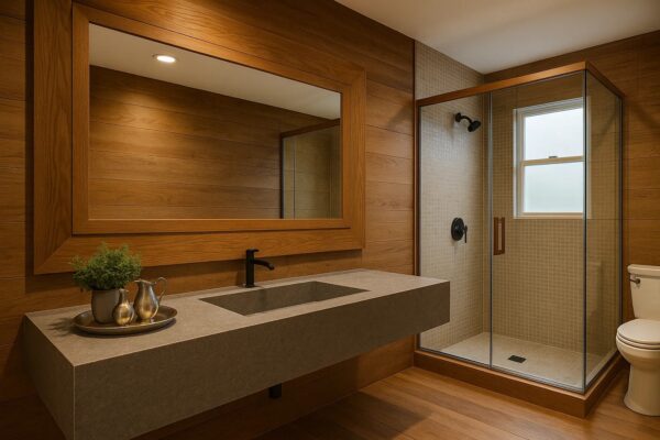 Waschtisch nach Maß mit integriertem Waschbecken mit Ablage aus Keramik Naturstein Feinsteinzeug Franko Waterstone Nimora