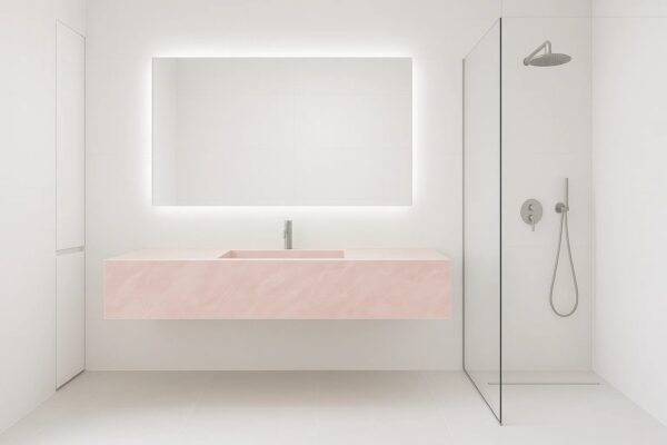 Waschtisch nach Maß mit integriertem Waschbecken mit Ablage aus Keramik Naturstein Feinsteinzeug Franko Waterstone Orionis