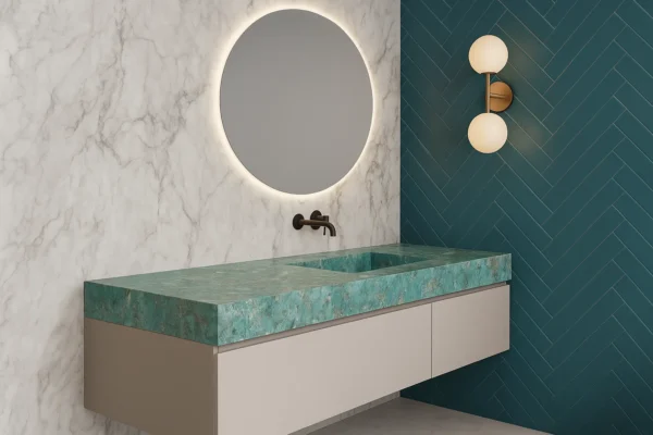 Waschtisch nach Maß mit integriertem Waschbecken aus Keramik, Feinsteinzeug, Naturstein - Franko Waterstone Slikini