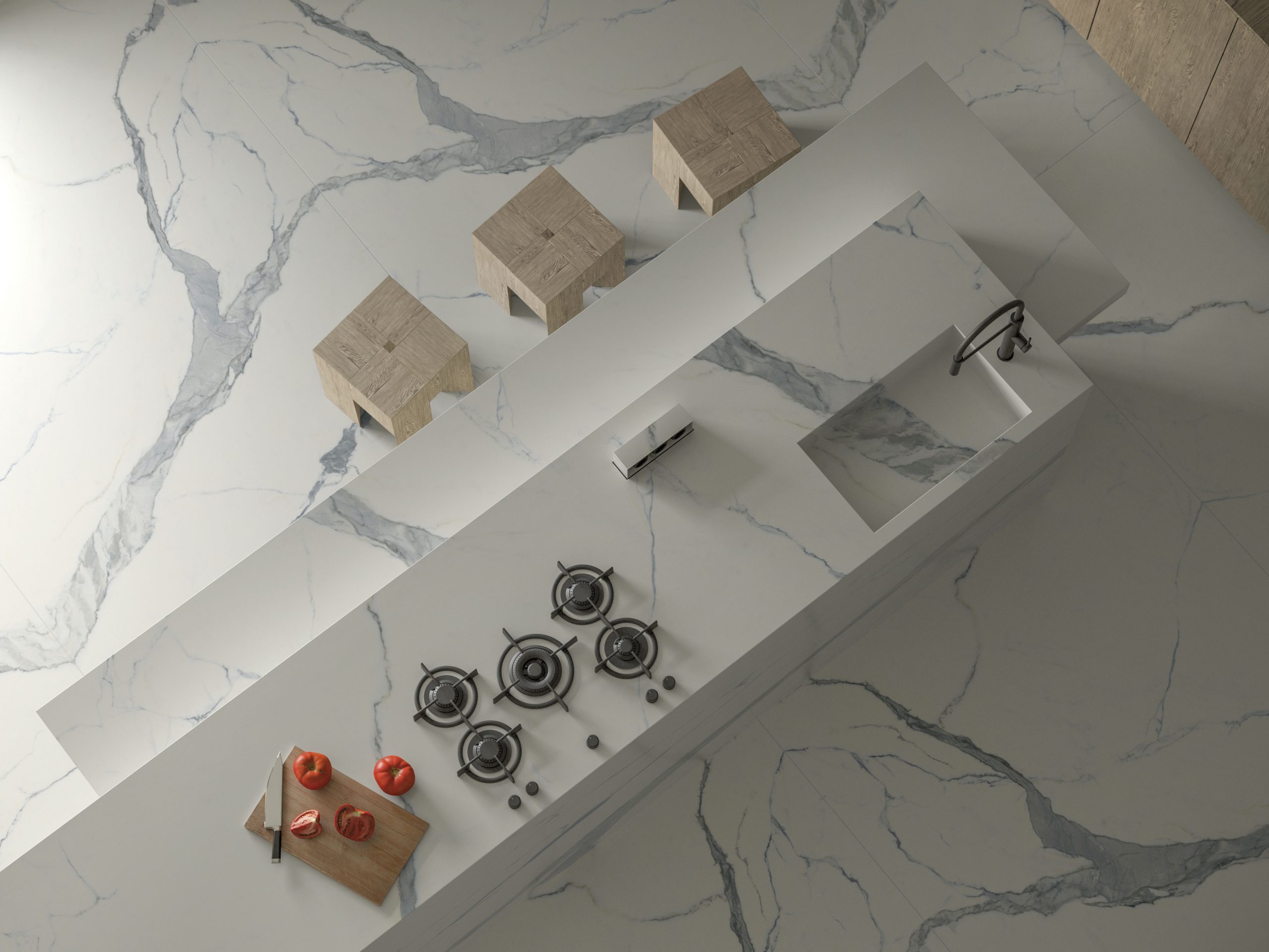 Großkeramikplatten 320 x 160 cm Franko Statuario Argento für Arbeitsplatte und Verkleidung
