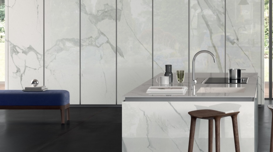 Großkeramikplatten 320 x 160 cm Franko Statuario Candido für Arbeitsplatte und Verkleidung