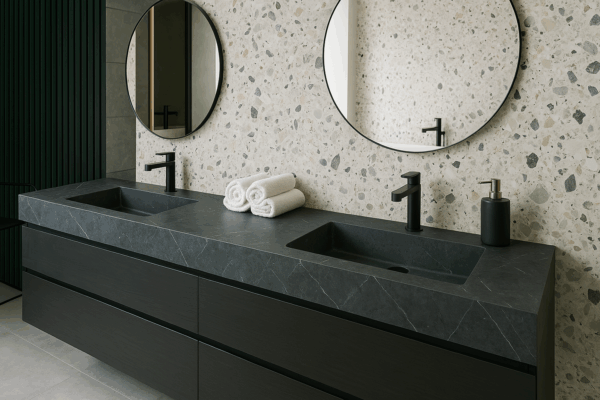 Waschtisch nach Maß mit integriertem Waschbecken aus Keramik, Feinsteinzeug, Naturstein - Franko Waterstone Turuktok