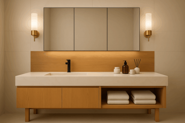 Waschtisch nach Maß mit integriertem Waschbecken aus Keramik, Feinsteinzeug, Naturstein - Franko Waterstone Velaro