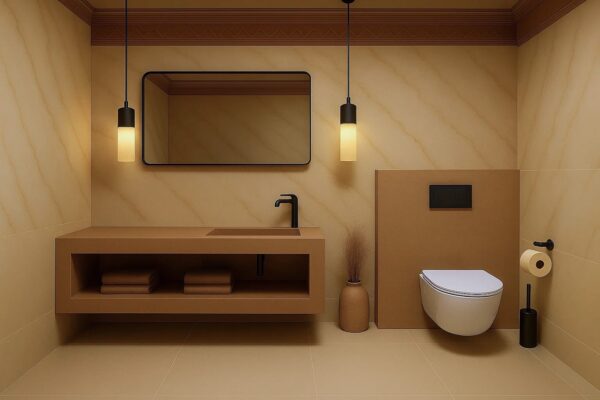 Waschtisch nach Maß mit integriertem Waschbecken mit Ablage aus Keramik Naturstein Feinsteinzeug Franko Waterstone Veliano