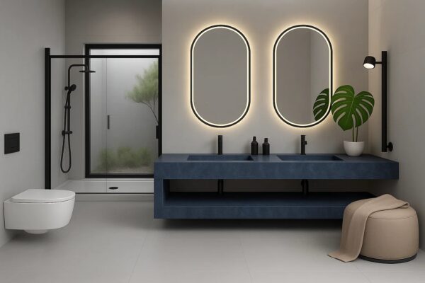 Doppel-Waschtisch nach Maß mit integriertem Waschbecken mit Ablage aus Keramik Naturstein Feinsteinzeug Franko Waterstone Bellure