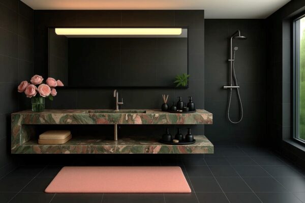 Waschtisch nach Maß mit integriertem Waschbecken mit Ablage aus Keramik Naturstein Feinsteinzeug Franko Waterstone Blossoria