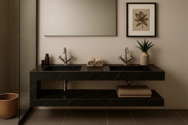 Doppel-Waschtisch nach Maß mit integriertem Waschbecken mit Ablage aus Keramik Naturstein Feinsteinzeug Franko Waterstone Bravelle