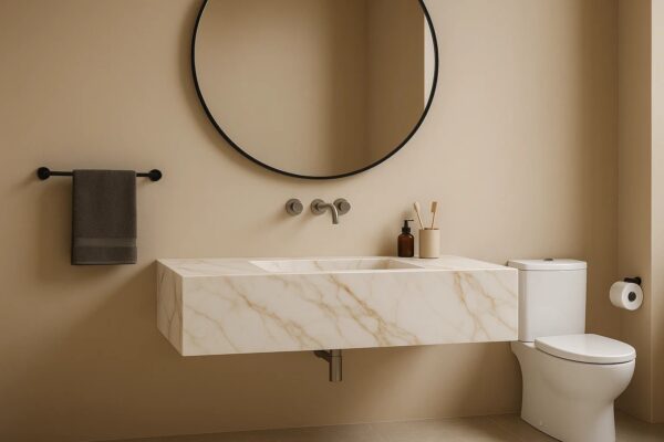 Waschtisch nach Maß mit integriertem Waschbecken mit Ablage aus Keramik Naturstein Feinsteinzeug Franko Waterstone Ferano