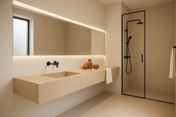 Waschtisch nach Maß mit integriertem Waschbecken mit Ablage aus Keramik Naturstein Feinsteinzeug Franko Waterstone Kairon