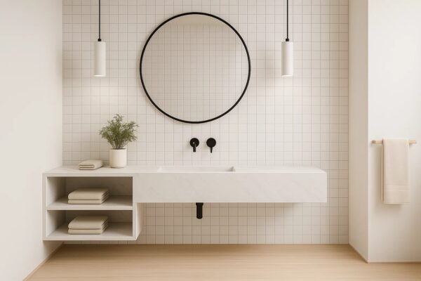 Waschtisch nach Maß mit integriertem Waschbecken mit Ablage aus Keramik Naturstein Feinsteinzeug Franko Waterstone Luxanna