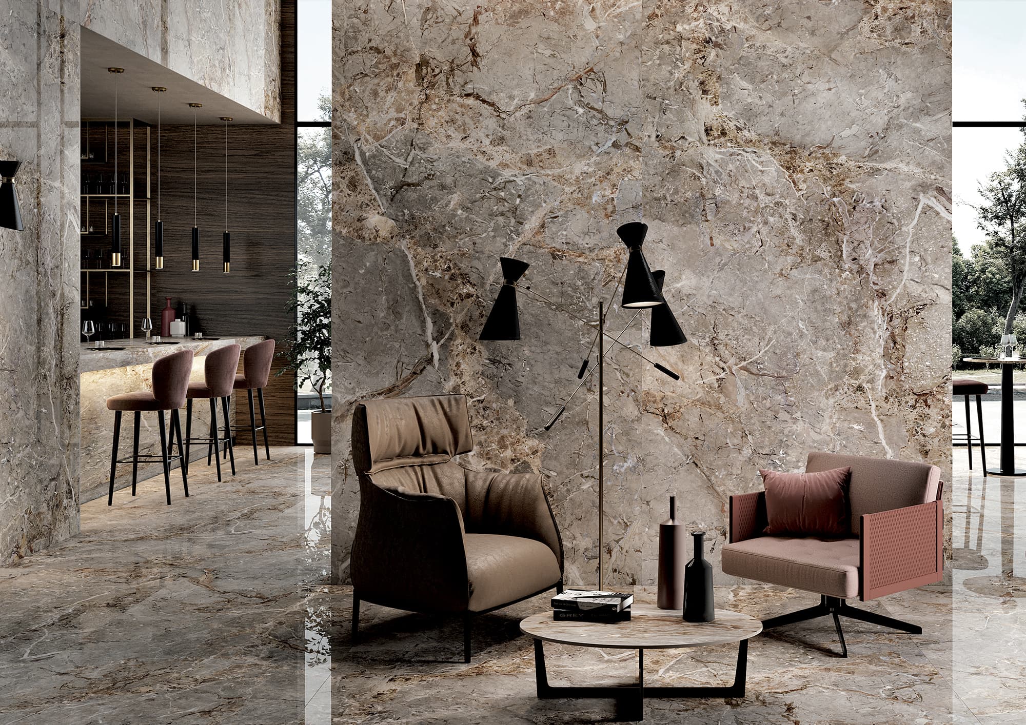 Großkeramikplatten 324 x 163 cm Franko Breccia Silver für Arbeitsplatte und Verkleidung