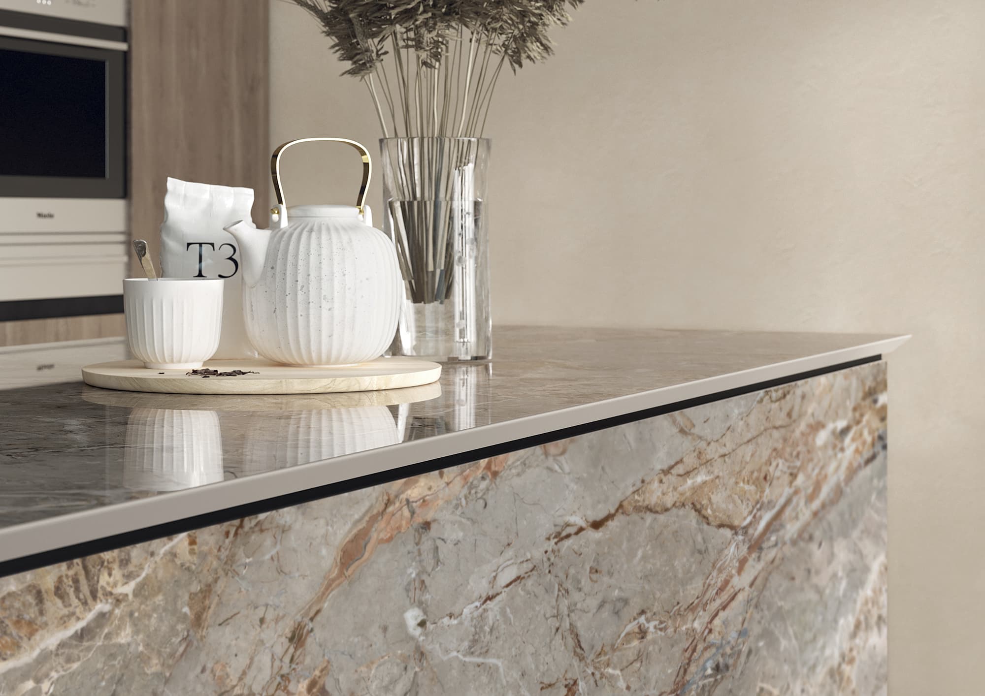 Großkeramikplatten 324 x 163 cm Franko Breccia Silver für Arbeitsplatte und Verkleidung