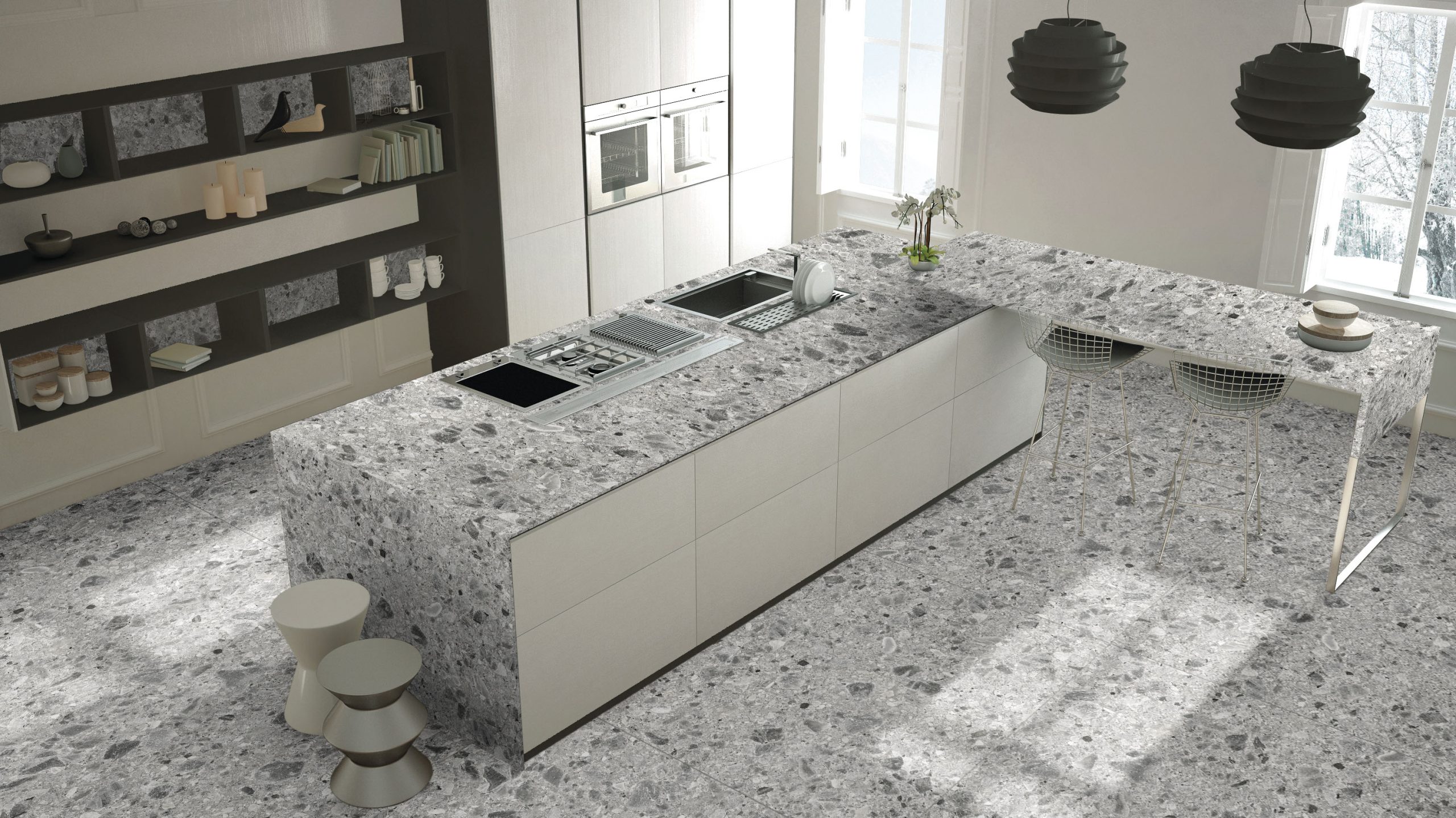 Großkeramikplatten 320 x 160 cm Franko Ceppo Hellgrau für Arbeitsplatte und Verkleidung