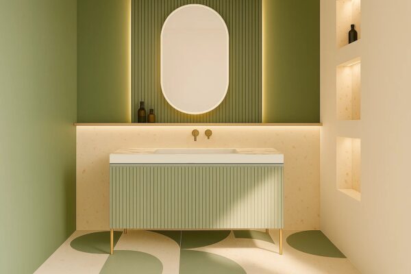 Keramik-Waschtisch mit integriertem Waschbecken und Unterschrank Franko Aravine nach Maß