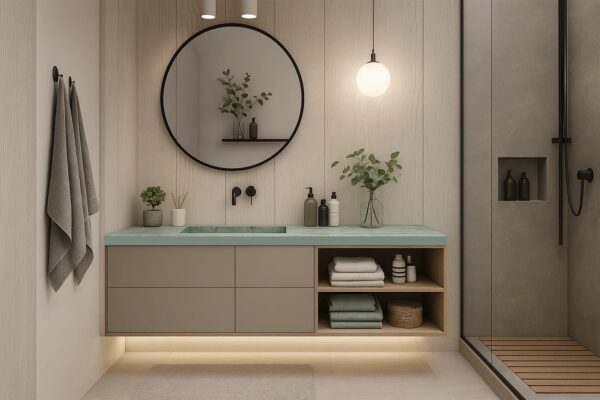 Keramik-Waschtisch mit integriertem Waschbecken und Unterschrank Franko Lumireon nach Maß