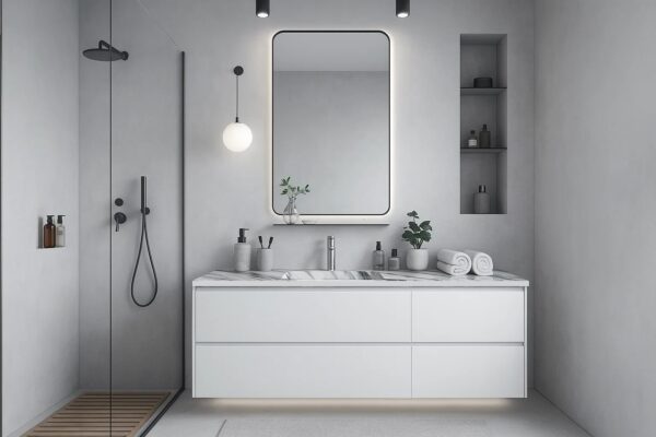 Keramik-Waschtisch mit integriertem Waschbecken und Unterschrank Franko Orianth nach Maß