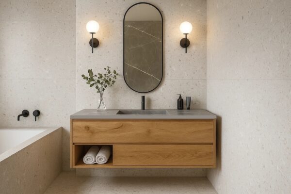 Keramik-Waschtisch mit integriertem Waschbecken und Unterschrank Franko Qirella nach Maß