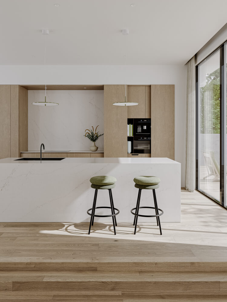 Küchenarbeitsplatte aus Konglomerat nach Maß, Beige – Technistone Mistral White - matt