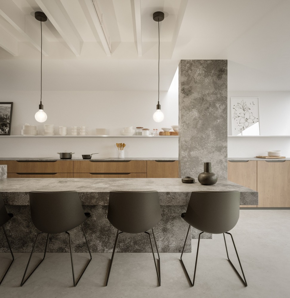 Küchenarbeitsplatte aus Konglomerat nach Maß, Schwarz – Technistone Residente Dark - terra