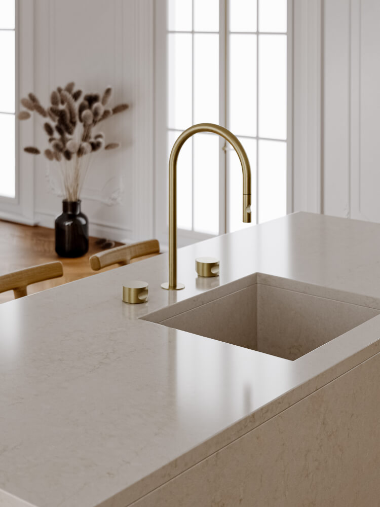 Küchenarbeitsplatte aus Konglomerat nach Maß, Beige – Technistone Taj Mahal Gold - matt