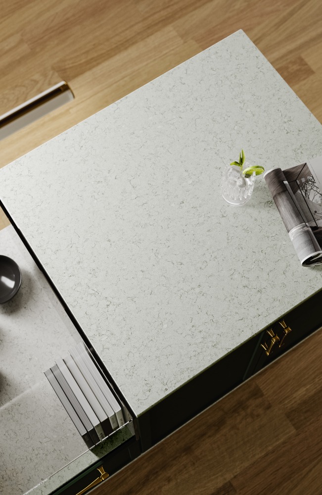 Küchenarbeitsplatte aus Konglomerat nach Maß, Hellgrau – Technistone Wild Yucca - poliert