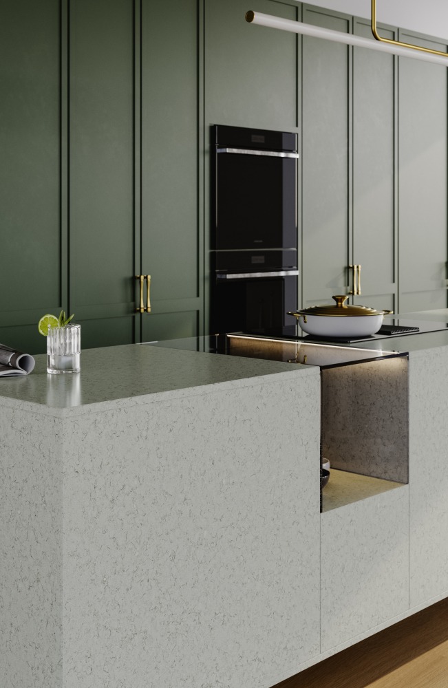 Küchenarbeitsplatte aus Konglomerat nach Maß, Hellgrau – Technistone Wild Yucca - poliert