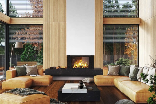 Kamin mit Montage, komplett KZS-30 dreiseitig Panorama, individuell angepasst