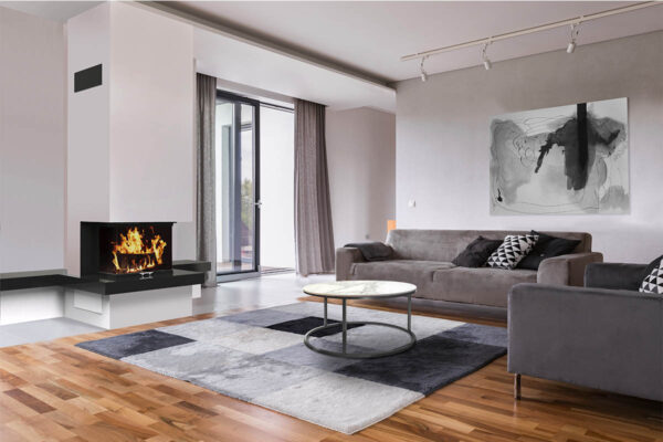 Kamin mit Montage, komplett KZS-48 dreiseitig Panorama, individuell angepasst