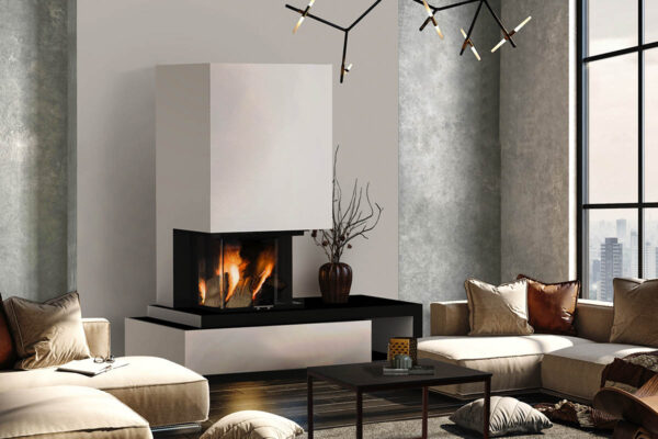 Kamin mit Montage, komplett KZS-50 dreiseitig Panorama, individuell angepasst