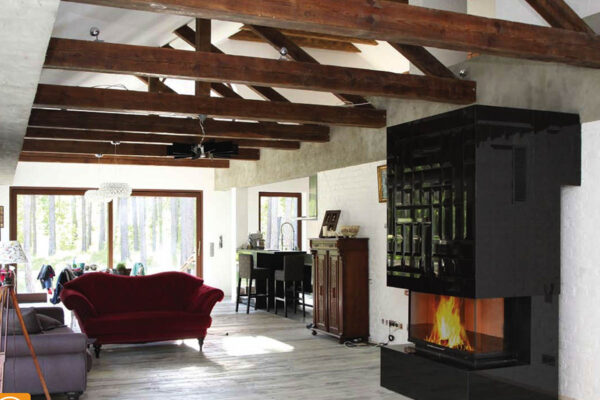 Kamin mit Montage, komplett KZS-64 dreiseitig Panorama, individuell angepasst