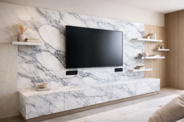 Moderne TV-Wände aus weißer Keramik auf mas - individuell geplant und gefertigt